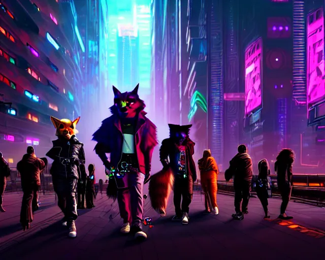 Image similar to high - resolution photograph from a cyberpunk era furry fandom convention ( midwest furfest 2 0 4 7 ), taking place after the genetic revolution and quantum singularity. photorealistic.