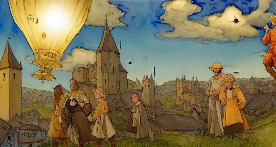 Image similar to a hyperrealist watercolor concept art of an elegant golden ufo in the sky above a small medieval town. one dirty medieval peasant child is in the foreground pointing up at the sky. very muted colors, by rebecca guay, michael kaluta, charles vess. high detail, hq, wide shot, 4 k