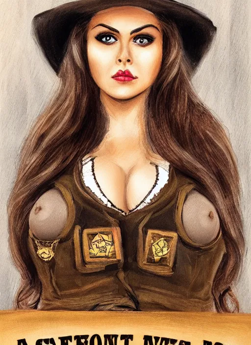 Image similar to a portrait one person, beautiful female sheriff body, big eyes, plump lips, western saloon theme, detailed faces