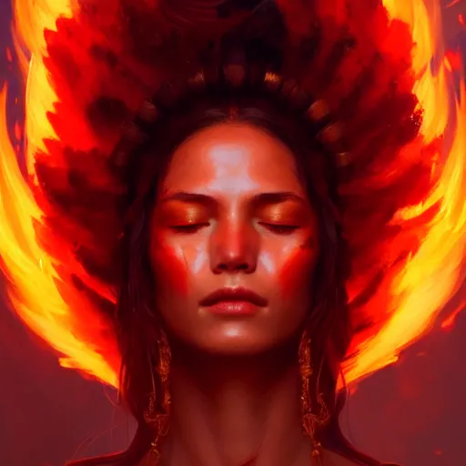 Image similar to a beautiful portrait of a fire goddess with closed eyes by Greg Rutkowski and Raymond Swanland, Trending on Artstation, Flaming Background, ultra realistic digital art