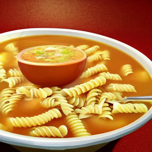 Image similar to hyperrealistic photo of a bowl of soup made of saturn shaped pasta