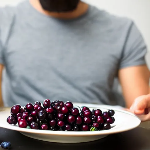 Image similar to a man eats black currants in a plate, hyper realistic, hyper detailed, cfg _ scale 1 5