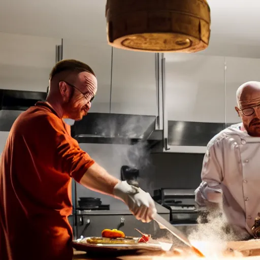 Prompt: walter white and jesse pinkman cooking dinner, high resolution, dslr photo, shot on nikon d 3 2 0 0