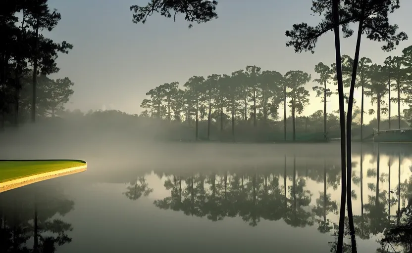 Image similar to augusta national, the masters, nr. 1 2, completely flooded with brown water, beautiful ambient light, fog,