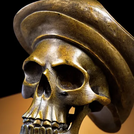 Prompt: detailed photo of an old bronze patina statue of a skull with a samurai hat, intricate detail, museum lighting