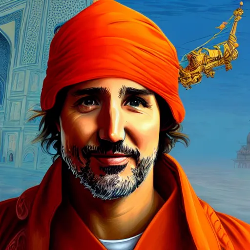 Image similar to portrait justin trudeau wearing orange pheta, setting taj mahal, ssci - fi and fantasy, intricate highly detailed digital painting, artstation, concept art, smooth and sharp focus, illustration, art by tan zi and ayanamikodon and alphonse mucha and wlop