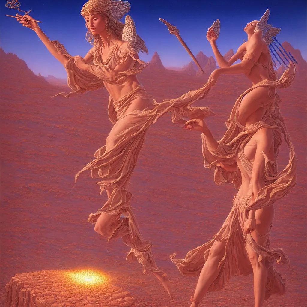 Prompt: goddess angel casting spell in desert, tim hildebrandt, wayne barlowe, bruce pennington, donato giancola, larry elmore, oil on canvas, masterpiece, trending on artstation, featured on pixiv, cinematic composition, beautiful lighting, sharp, details, hyper - detailed, hd, hdr, 4 k,