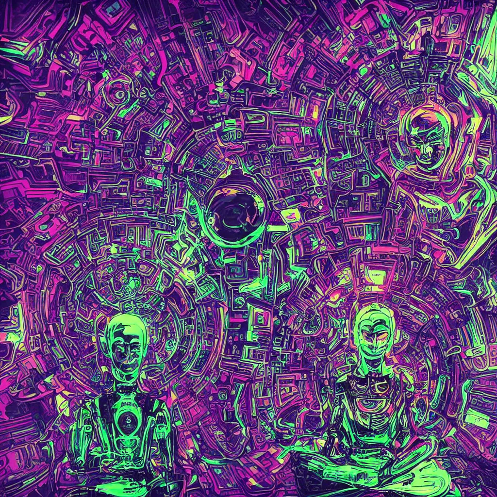 Image similar to photo of a black tshirt with a hyperdetailed futuristic trippy cyberpunk meditating robot head, 8 k, symetrical, flourescent colors, multicolored tshirt art,