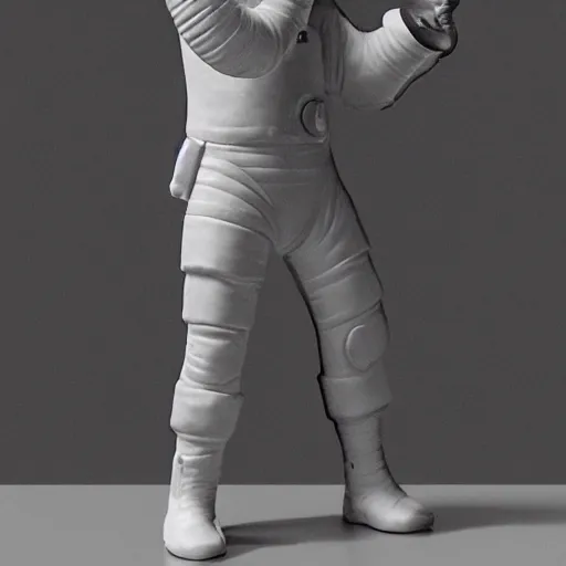 Image similar to [Sculpture of St.Georges, dressed as a cosmonaut, slaying a rich man in the style of futurist brutalism, concrete, in an art gallery]