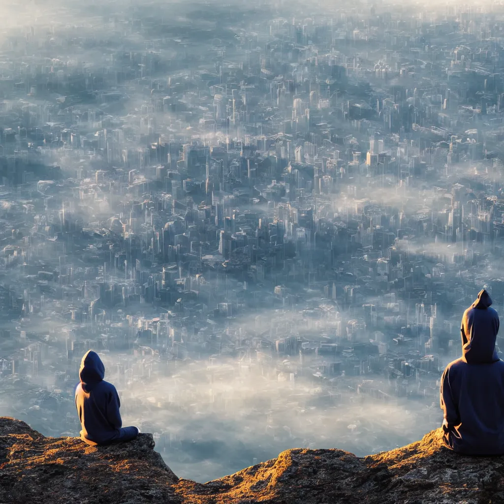 Image similar to meditating person with hoodie on sitting on top of a mountain overlooking a giant futuristic city by sundawn, high resolution photo, detailed