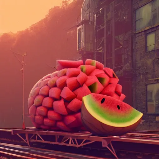 Prompt: watermelon train art by Mike Winkelmann, power auras, sigils, tattered cloth robes, substance 3d painter, PBR textures, Physical based rendering, cinematic, hyper realism, high detail, octane render, unreal engine, 8k, Vibrant colors, Smooth gradients, High contrast, depth of field, aperture