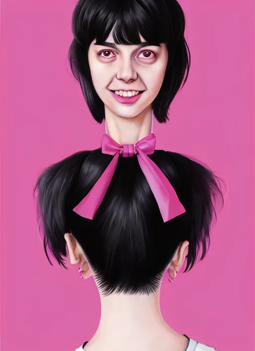 Image similar to portrait of high school girl, realistic, black hair, bangs, half updo hairstyle, pointy nose, skinny, smile, ugly, defined jawline, big chin, pink hair bow, earrings, intricate, elegant, glowing lights, highly detailed, digital painting, artstation, sharp focus, illustration, art by wlop, mars ravelo and greg rutkowski