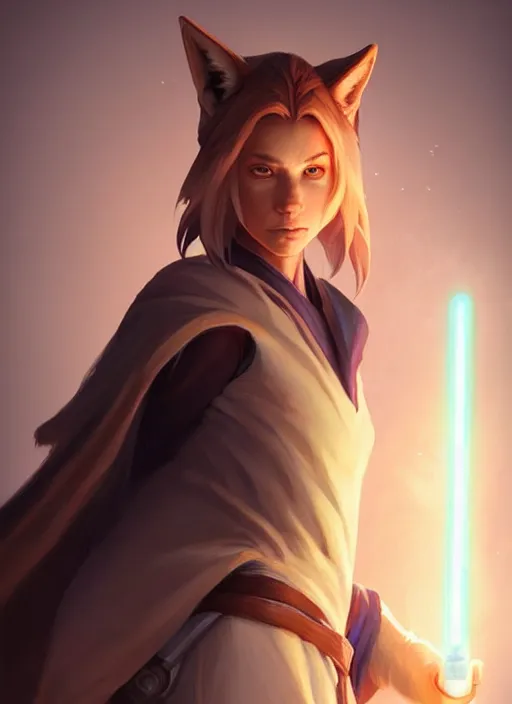 Image similar to beautiful portrait of a female anthro coyote wearing jedi robes. character design by charlie bowater, ross tran, artgerm, and makoto shinkai, detailed, soft lighting, rendered in octane