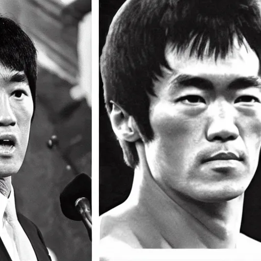 Prompt: bruce lee is the president of the united states, 2018 state of the union, wearing a suit, giving a speech, podium, bruce lee, congress watching