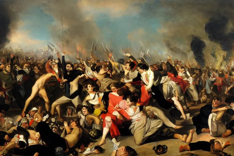 Image similar to protesters riot against war, in style of Karl Bryullov,