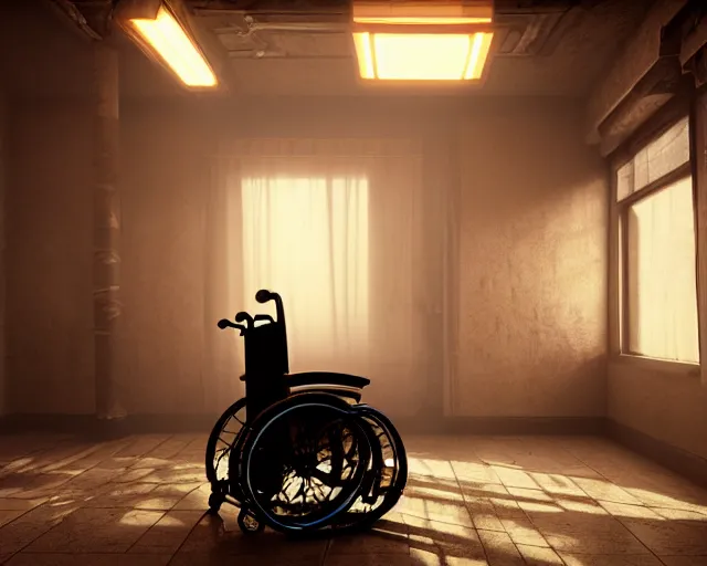 Prompt: artstation scifi scene of an old chinese ward, a bouquet of light on the ground business card, ceiling fan, wheelchair, crutches, beds, dust, paneled walls, unreal engine 5, hyper realism, realistic shading, cinematic composition, blender render, octane render, hdr, detailed textures, photorealistic, wide shot