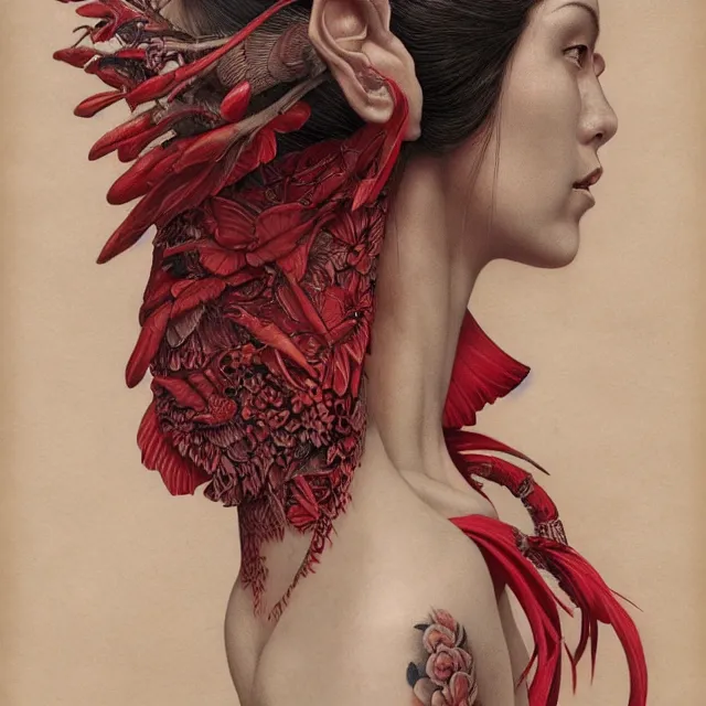 Image similar to ultra realistic illustration, beautiful woman dressed in red kimono, backview, tattoos, in the style of gerald brom by weta digital and beth cavener, high face symmetry, intricate, masterpiece, award winning, high face symmetry, intricate