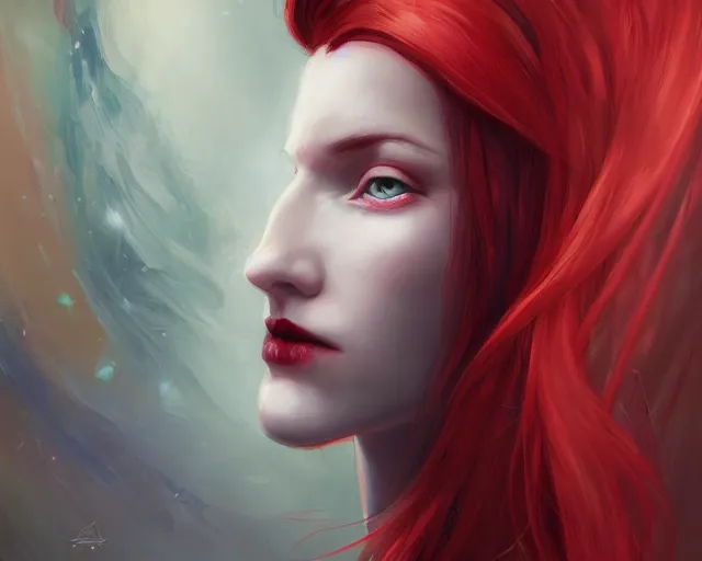 Image similar to A detailed matte oil on canvas head on symmetrical portrait of a distinguished elven woman with red and blue hair on an empty background, by Charlie bowater, Lise Deharme, Wlop, trending on artstationhd, dungeons and dragons art, parted hair , half blue, half red , split dye, critical role