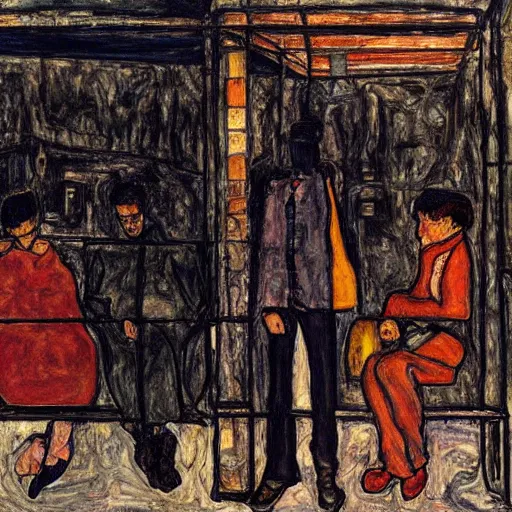 Image similar to a some people waiting in a lone bus stop in quiet dark city night, high quality, high resolution,detailed, by egon schiele 1960s