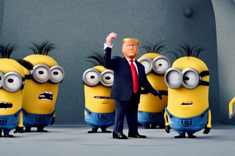 Prompt: donald trump as gru, being followed by minions, movie still