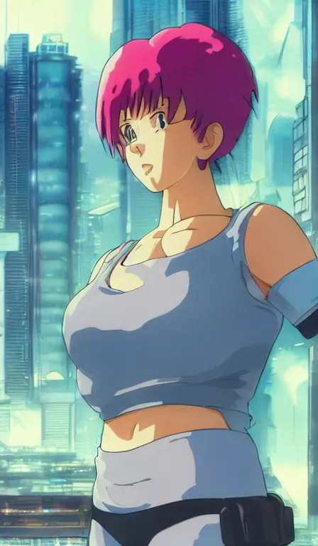 Prompt: anime fine details portrait of Bulma in front of cyberpunk moder city landscape on the background deep bokeh, close-up view, anime masterpiece by Studio Ghibli. 8k, sharp high quality anime, artstation