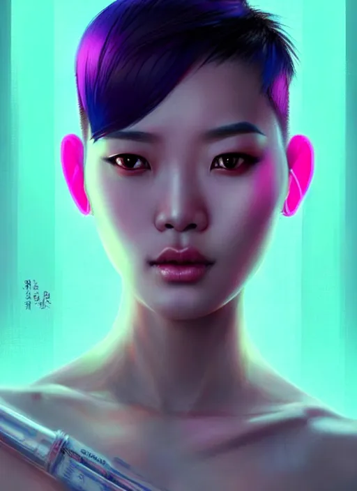 Image similar to portrait of asian female humanoid, crew cut colored hair, very details, elegant, cyber neon lights, highly detailed, digital illustration, trending in artstation, trending in pinterest, glamor pose, concept art, smooth, sharp focus, art by artgerm and greg rutkowski