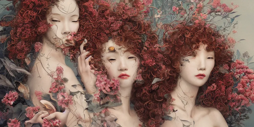 Prompt: breathtaking detailed concept art painting blend of red short curly hair goddesses of flowers by hsiao - ron cheng with anxious piercing eyes, vintage illustration pattern with bizarre compositions blend of flowers and fruits and birds by beto val and john james audubon, exquisite detail, extremely moody lighting, 8 k
