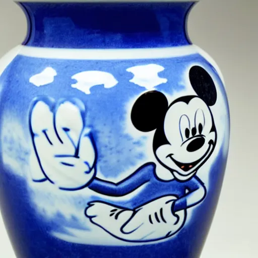 Image similar to a delft blue vase with a happy mickey mouse depicted on it ; extremely detailed ; f / 1. 4, 9 0 mm