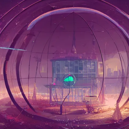 Image similar to A city trapped in a giant transparent dome, bubbles, cinematic lighting, insanely detailed, intricate, artstation, cgsociety, painted by Simon Stalenhag, concept art, illustration, sharp focus,