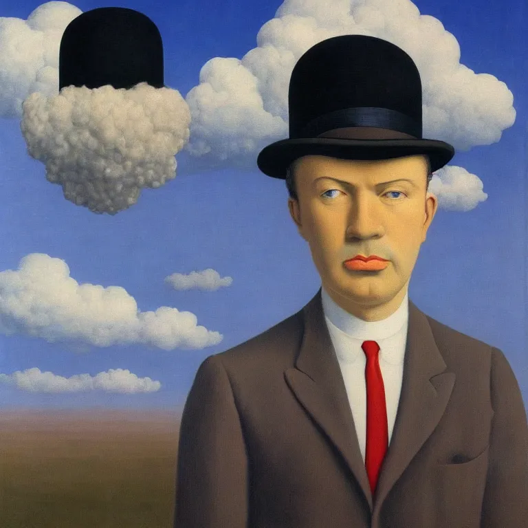 Image similar to portrait of a cloud man in a suit by rene magritte, detailed painting, hd, hq, high resolution, high detail, 4 k, 8 k