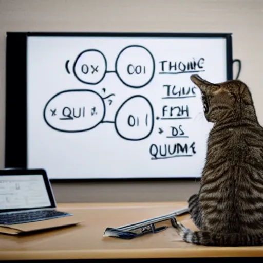 Image similar to Schrödinger's cat studying quantum physics, with a whiteboard with equations in the background