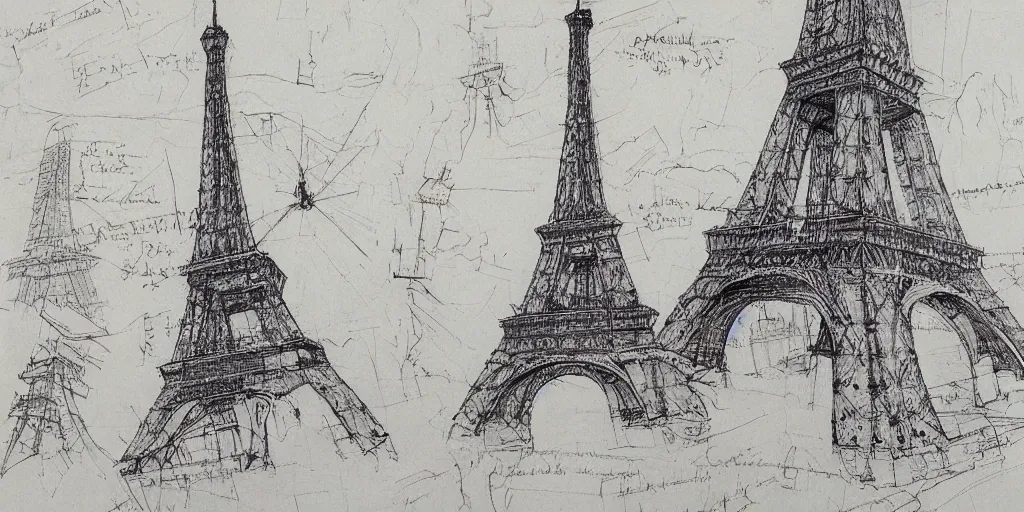 Prompt: architectural design studies of Eiffel Tower, different closeup view, drawn by Leonardo da vinci, ink draw, artistic, intricated