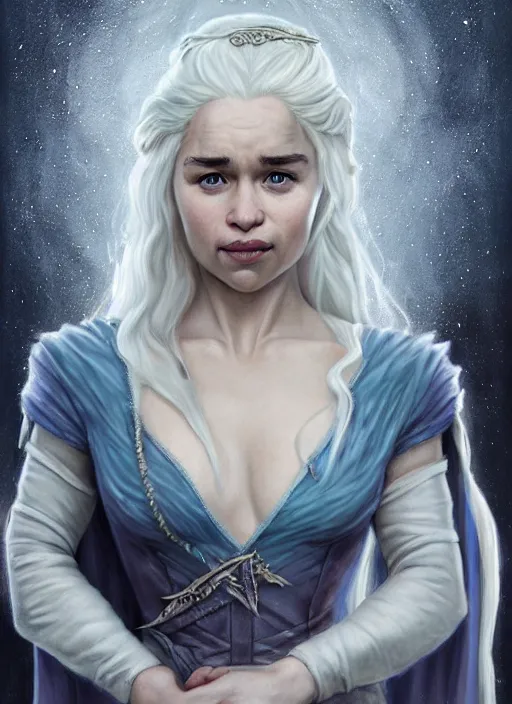 Image similar to emilia clarke as queen daenerys stormborn smiling, by anne stokes and larry elmore, detailed matte painting, realistic portrait, symmetrical, highly detailed, digital painting, artstation, concept art, smooth, sharp focus, illustration, cinematic lighting, 8 k resolution