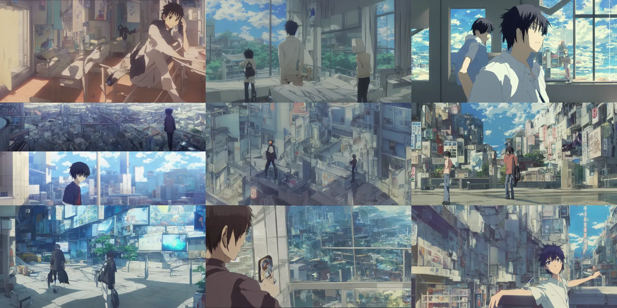 Prompt: screenshot from the anime film by Makoto Shinkai, lonely adult male gamer in bedroom, post modern architecture, painting of near future technological world, magical realism, looking through the prism at the digital world, screenshot from the Kyoto Animation anime about the boy who wears nervegear, makoto shinkai, augmented reality, real life blended with digital world