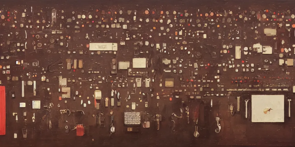 Prompt: Oil on canvas, knolling equipment for music production. In the style of The Grand Budapest Hotel (2014)