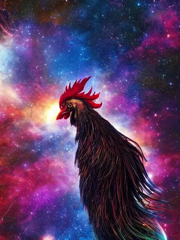 Prompt: a lone giant rooster, centered, floating in space, center of the universe, \ galaxy cosmic nebula, epic, volumetric light, hyperrealistic, glitter, mega detailed, beautiful composition, beautiful lighting, unreal render, 4 k, vincent di fate, john berkey, michael whelan