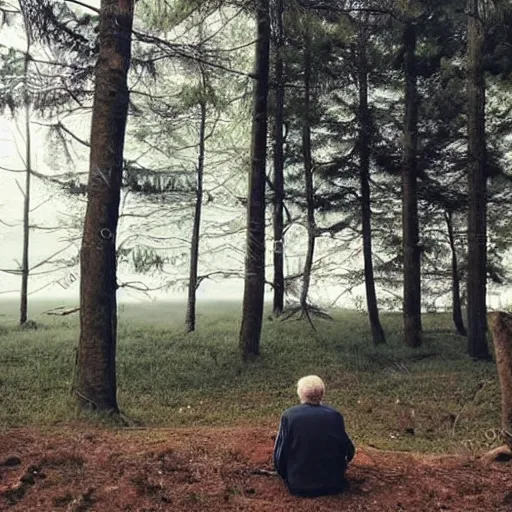 Prompt: an old man looking to sea from forest, animals in forest