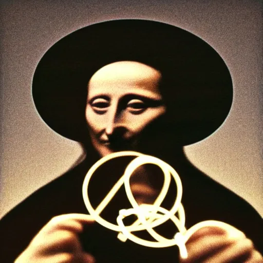 Image similar to Marcel Duchamp holding a light-producing sphere with cables attached, 35mm film, icon by Marcel Duchamp, LHOOQ, Mona Lisa with a mustache, absurd, film grain, lens flare