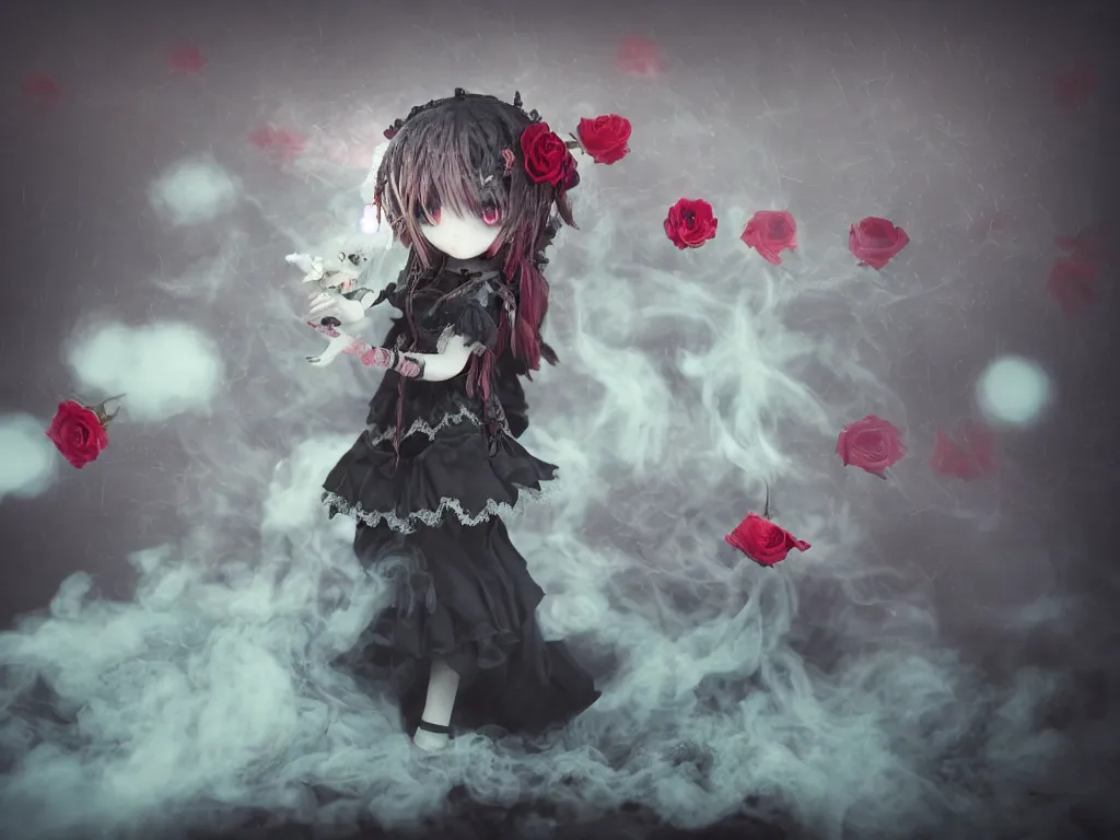 Image similar to cute fumo plush of a gothic maiden girl clutching lots of decayed roses, stale twilight, swirling vortices of emissive smoke and volumetric fog over the river, bokeh, vignette, vray