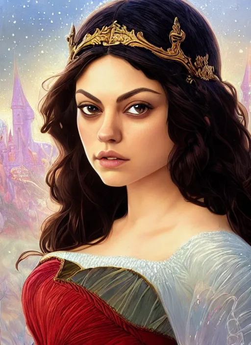 Image similar to beautiful young mila kunis as snow white princess disney, closeup, d & d, fantasy, intricate, elegant, highly detailed, digital painting, artstation, concept art, matte, sharp focus, illustration, art by artgerm and greg rutkowski and alphonse mucha