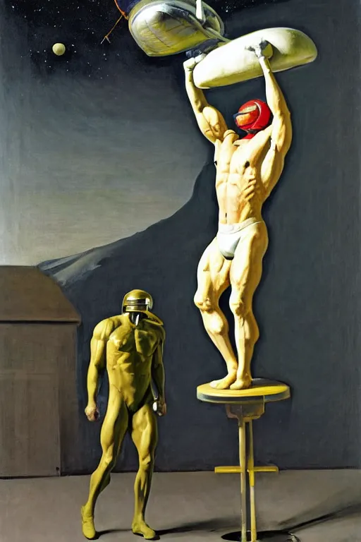 Image similar to bodybuilder in an astronaut helmet and costume lifts a statue of a horse, highly detailed painting by francis bacon, edward hopper, adrian ghenie, gerhard richter, and james jean soft light 4 k,