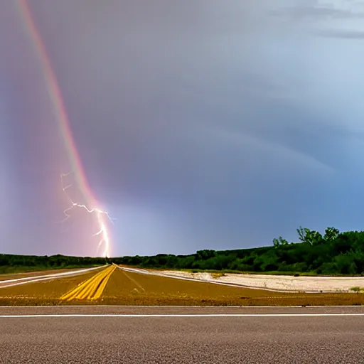 Prompt: symmetrical photo down a long, flat country highway in Nebraska with dark thunderstorm and lightning up ahead, and in front of that a rainbow arcing over the road.