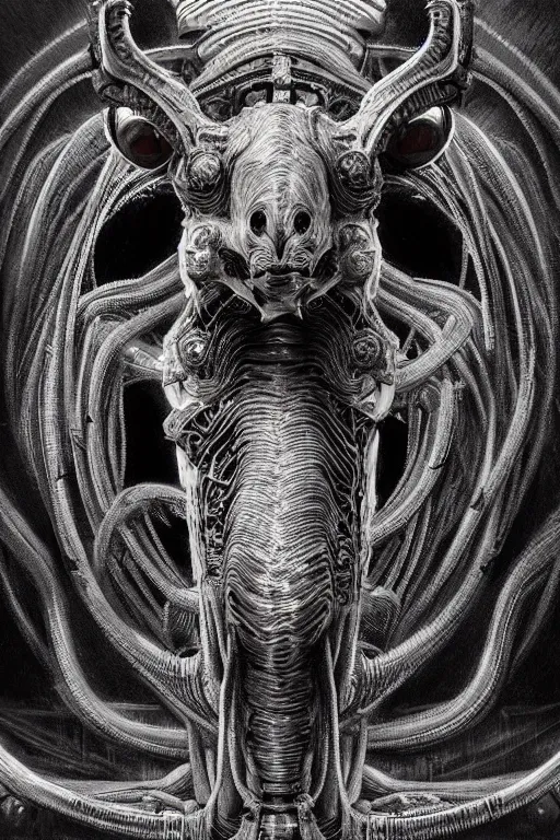 Prompt: H R Giger llama head landscape emanating centered bio mechanical cyborg llama head emerging, Giger background, evangelion beast mode, dramatic dynamic lighting, intricate, very very elegant, hyper detailed fractal interconnected tubes background by giger, digital painting, artstation, megastructure, very hyperrealistic, very very very HR GIGER, very beautiful, concept art, smooth, sharp focus, illustration daily deviation