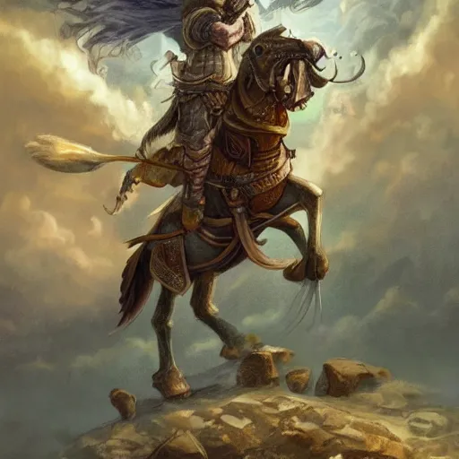 Image similar to epic fantasy illustration of a man riding a fish through the sky