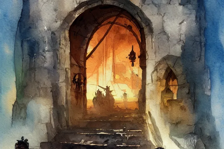 Image similar to small centered on watercolor paper, paint brush strokes, abstract watercolor painting of medieval fortress entrance, giant iron door, copper nails, cinematic light, national romanticism by hans dahl, by jesper ejsing, by anders zorn, by greg rutkowski, by greg manchess, by tyler edlin