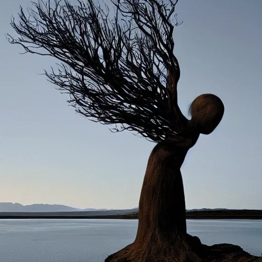 Image similar to A beautiful conceptual art of a human-like creature with long, stringy hair. The figure has no eyes, only a mouth with long, sharp teeth. The creature is standing on a cliff overlooking a dark, foreboding sea. wabi-sabi by Roxy Paine distorted