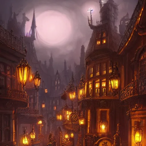 Image similar to fantasy steampunk victorian city at night, 4k, concept art