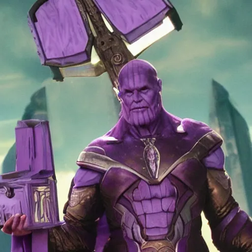 Image similar to thanos is the pope, purple skin, josh brolin, clerical clothes, full body shot, realistic, highly detailed