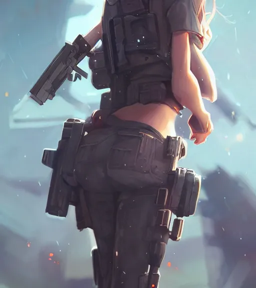 Prompt: cute girl wearing a gun on her back, by wlop, rain, poster, anime key visual, artstation