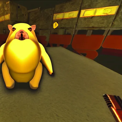 Prompt: capybara with a banana on top of its head. doom2 screenshot